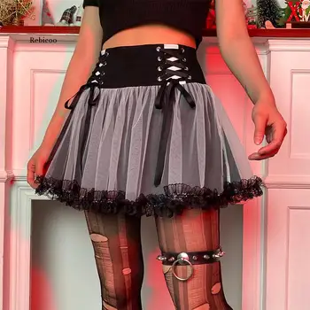 Goth Tamsiai Mall Gotikos Akių-Line Mini Sijonai Mergina Punk Nėrinių Kratinys Moterų Aukšto Juosmens Seksualus Sijonas Alternatyvių Drabužių Emo