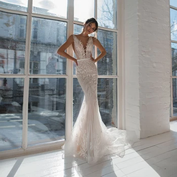 Elegantiškas Vestuvių Suknelės, Nėriniai Klostyti Varčias, V-Kaklo, Rankovių Backless Undinė Vestuvinės Suknelės Novia Padaryti 2021 Vestidos