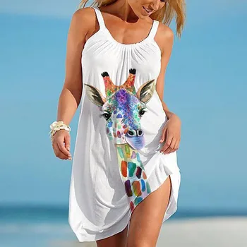 Moteris suknelė mados žirafa spalvų spausdinimo, seksualus, be rankovių apačia prarasti petnešos didelio dydžio paplūdimio suknelė платье женское летнее 40*