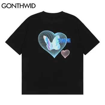 GONTHWID T-Shirts Hip-Hop 3D Drugelis Širdies Spausdinti Tshirts Harajuku Mados Streetwear Medvilnės Atsitiktinis Mados Vasaros Tees Viršūnės