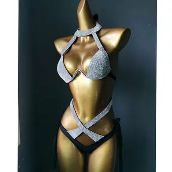 Bling Akmens Sexy Push Up Apynasrio Maudymosi Kostiumėlis Vasaros Pašaukimas Paplūdimio Drabužiai Blizgučiai Kristalų Vielos Nemokamai Unpadded Tvarstis Moterų Bikini Komplektas