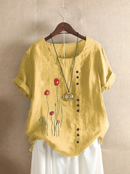 Moterys Vasarą Atsitiktinis Siuvinėjimo Gėlių Laisvi marškinėliai Elegantiška Apvali Kaklo Medvilnės trumpomis Rankovėmis Palaidinė Mygtuką Viršūnes M-5XL