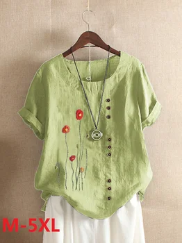 Moterys Vasarą Atsitiktinis Siuvinėjimo Gėlių Laisvi marškinėliai Elegantiška Apvali Kaklo Medvilnės trumpomis Rankovėmis Palaidinė Mygtuką Viršūnes M-5XL