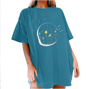 T-Marškinėliai 2021 M. Vasaros Moterų Derliaus Lašas Rankovėmis Atspausdintas Modelis Atsitiktinis trumpomis Rankovėmis Viršūnes Negabaritinių marškinėliai футболка