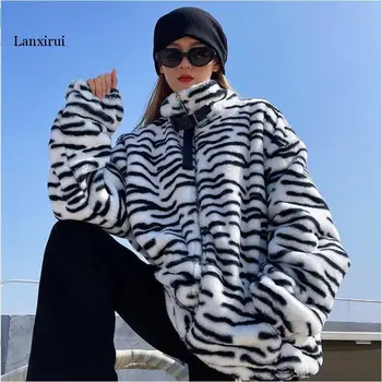 Moterų žiemos Harajuku Retro Šiltas, Paltai Moterims Mados Pliušinis Užtrauktukas Kišenė Striukės 2020 Zebras Dryžuotas Parko Paltai Outwear