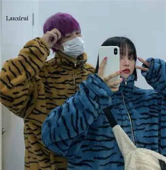 Moterų žiemos Harajuku Retro Šiltas, Paltai Moterims Mados Pliušinis Užtrauktukas Kišenė Striukės 2020 Zebras Dryžuotas Parko Paltai Outwear
