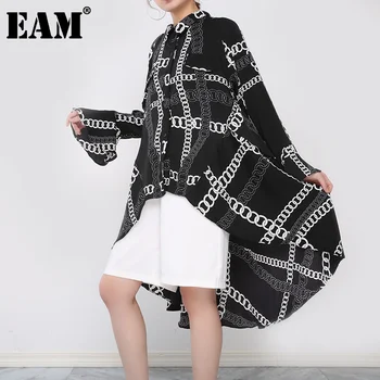 [EAM] Moterys Didelis Dydis Modelis Atspausdintas Juodos spalvos Palaidinė Naujas Atvartas ilgomis Rankovėmis Loose Fit Marškinėliai Mados Pavasario Rudens 2021 1DD373101
