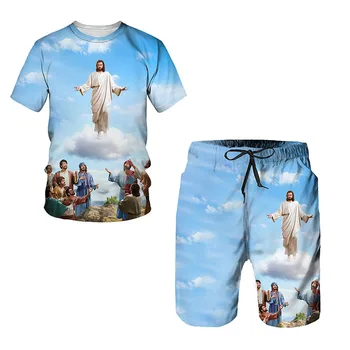Jėzus Kristus Vasaros 3D Atspausdintas vyriški marškinėliai Šortai Nustatyti vyriški Sportiniai Tracksuit O Kaklo trumpomis Rankovėmis vyriški Drabužiai Kostiumas