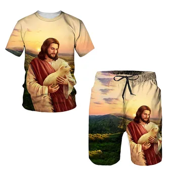 Jėzus Kristus Vasaros 3D Atspausdintas vyriški marškinėliai Šortai Nustatyti vyriški Sportiniai Tracksuit O Kaklo trumpomis Rankovėmis vyriški Drabužiai Kostiumas