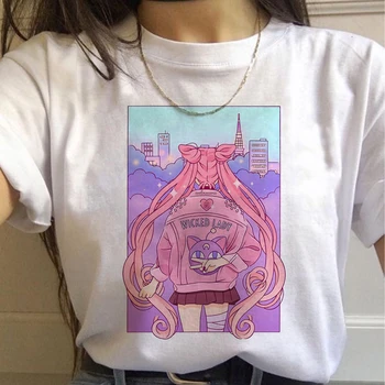 Manga Anime Katė Marškinėliai Top Marškinėliai, 90-ųjų Moterų Marškinėlius Moterų Femme korėjos Stiliaus Ulzzang T-shirt Grafikos Grunge Estetines