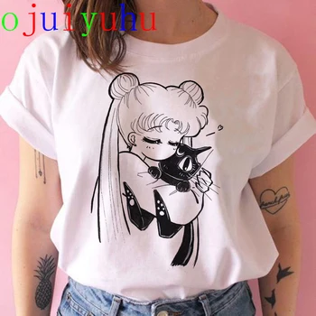 Manga Anime Katė Marškinėliai Top Marškinėliai, 90-ųjų Moterų Marškinėlius Moterų Femme korėjos Stiliaus Ulzzang T-shirt Grafikos Grunge Estetines