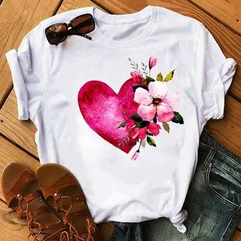 NAUJA Vasaros Lady Hipster Moterų marškinėliai Pink Širdies Print T-Shirt Moterų Kawaii Tee Marškinėliai Meilės T-shirt Ladies Mielas Grafinis C