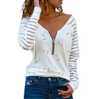 Mados Long Sleeve T-shirts Širdies Blizgučiai China Palaidinės V Kaklo su Užtrauktuku Seksualus Marškiniai, Elegantiškas Akių Dryžuotas Megztinis Viršūnės
