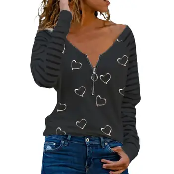 Mados Long Sleeve T-shirts Širdies Blizgučiai China Palaidinės V Kaklo su Užtrauktuku Seksualus Marškiniai, Elegantiškas Akių Dryžuotas Megztinis Viršūnės