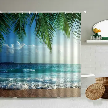 Jūros Paplūdimys, Palmių 3D atsparus Vandeniui Dušo Užuolaidos Vasaros Gamtos Peizažai Vonios Aksesuarai Su Kabliu Užuolaidos Namų Puošybai