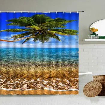 Jūros Paplūdimys, Palmių 3D atsparus Vandeniui Dušo Užuolaidos Vasaros Gamtos Peizažai Vonios Aksesuarai Su Kabliu Užuolaidos Namų Puošybai