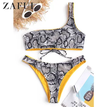 ZAFUL Grįžtamasis Bikini Komplektas Snakeskin Spausdinimo Vieną Petį Dviejų dalių Rinkiniai Moterims maudymosi Kostiumėliai bei kelnaitės Nėriniai-Up maudymosi kostiumėlį Seksualus Maudymosi Kostiumas