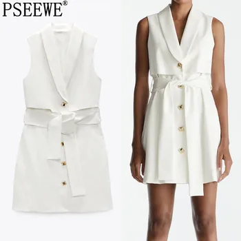 PSEEWE Za 2021 Baltas Mini Vasaros Suknelė Moteris Berankovė Liemenė Trumpą Suknelę Moterų Mados Diržas Elegantiškas Biuras Ponios Suknelės