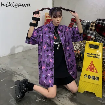 Hikigawa Moterų Viršūnių Drugelis Spausdinimo Camisas Mujer Korėjos Mados Palaidinės, Negabaritinių Harajuku Marškinėliai Japonija Goth Blusas