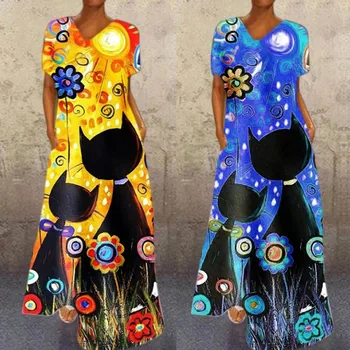 Plius Dydis Suknelės Moterims Atsitiktinis Spausdinami Dienos Trumpomis Rankovėmis Suknelė Ponios Prarasti Vasaros Gėlių Ir Kačių O Kaklo Suknelė Ropa Mujer