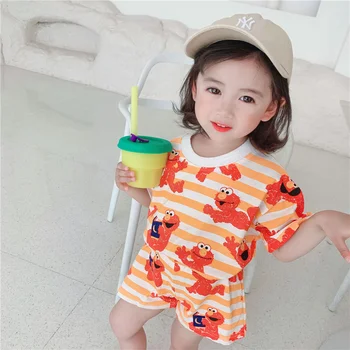 2021 Vasaros mielas vaikams drabužių nustatyti korėjos animacinių filmų stiliaus dryžuotas trumpomis rankovėmis vaikai komplektai