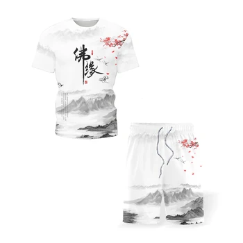 2021 vasaros vyriški sportiniai kostiumas Kinų stiliaus trumparankoviai marškinėliai tiktų balta naujas Budizmo ir Daosizmo retro dviejų dalių 3D spausdinimas
