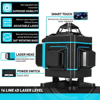 16 Linijų Lazerio Lygio 4D Žalia Šviesa Auto Savarankiškai Lygiava 360 Pasukimo Matavimo LED Ekranas Horizontalus Vertikalus Kryžiaus Nuotolinio Valdymo