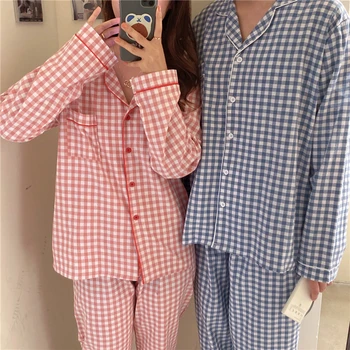 Moterų/vyrų pora homewear medvilnės pižama nustatyti pledas sleepwear atsitiktinis rožinė mėlyna namų drabužius 2 dalių komplektas palaidinė kelnės