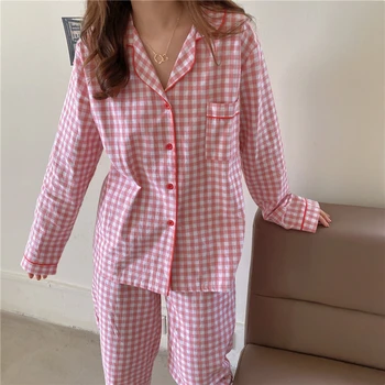 Moterų/vyrų pora homewear medvilnės pižama nustatyti pledas sleepwear atsitiktinis rožinė mėlyna namų drabužius 2 dalių komplektas palaidinė kelnės