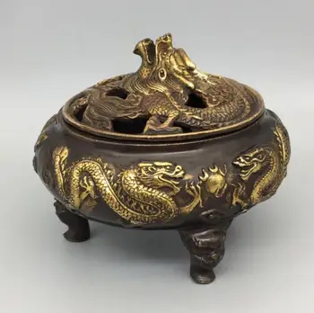 Kinija žalvario Double Dragon Žaisti Karoliukai smilkalų degiklis amatų statula