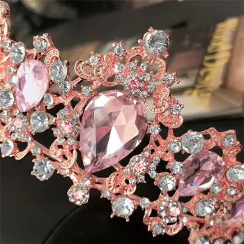 Baroko Royal Queen Aukso Vestuvių Karūna Crystal Princess Tiara Kaspinai Rožinė R7RF
