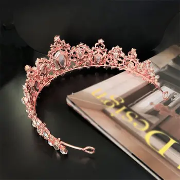 Baroko Royal Queen Aukso Vestuvių Karūna Crystal Princess Tiara Kaspinai Rožinė R7RF
