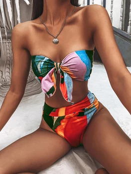 Bikini Braziliška Aukšto Juosmens Bikini 2021 Bandeau Mazgas Maudymosi Kostiumėlį Colorblock Spausdinti Maudymosi Kostiumėliai Moterims Seksualus Push Maudymosi Kostiumą Paplūdimio
