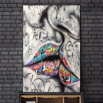 Abstrakti Gatvės Grafiti Meno Mylėtojas Bučiavosi Drobės Tapybos Plakatai ir Spausdina Vertus Sienos Meno Nuotrauką Kambarį Namų Dekoro