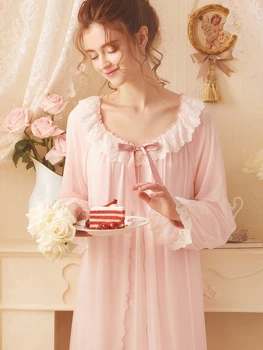 Pižamą Retro Nėrinių Sleepwear Elegantiškas Pižamą Rudenį Ilgomis Rankovėmis Ilga Suknelė Ir Suknelė Graži