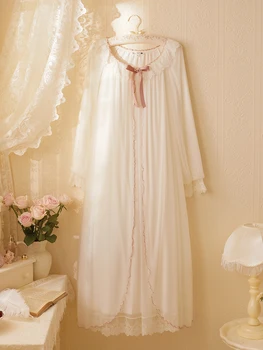 Pižamą Retro Nėrinių Sleepwear Elegantiškas Pižamą Rudenį Ilgomis Rankovėmis Ilga Suknelė Ir Suknelė Graži