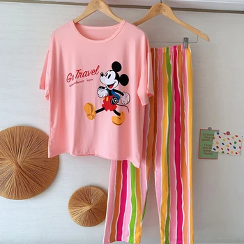 Disney Mickey Minnie Mouse Sleepwear Vasaros Korėjos Mielas Animacinių Filmų Spausdinti Pižama Moterims, Saldus Trumpomis Rankovėmis T Marškinėliai Kelnės Rinkinys
