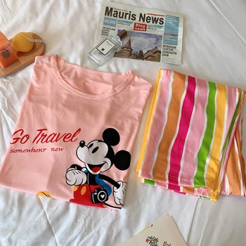 Disney Mickey Minnie Mouse Sleepwear Vasaros Korėjos Mielas Animacinių Filmų Spausdinti Pižama Moterims, Saldus Trumpomis Rankovėmis T Marškinėliai Kelnės Rinkinys