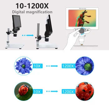 7 Colių LCD Skaitmeninis Mikroskopas su 64GB TF Kortelę 1200x Didinimo 12MP Itin Tikslus Fokusavimas Kamera 8 LED Žibintai