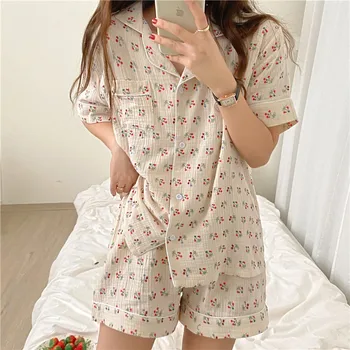 CBAFU medvilnės homewear moterys vasarą pižama nustatyti atlapas apykakle palaidinė marškinėliai šortai 2 dalių komplektas sleepwear namų drabužių M899