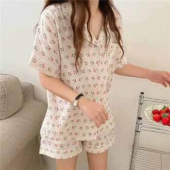 CBAFU medvilnės homewear moterys vasarą pižama nustatyti atlapas apykakle palaidinė marškinėliai šortai 2 dalių komplektas sleepwear namų drabužių M899